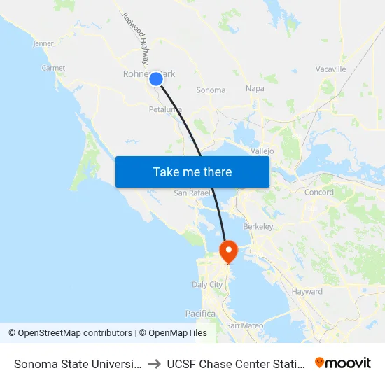 Sonoma State University to UCSF Chase Center Station map