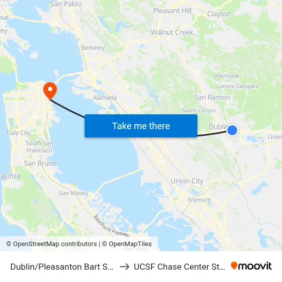 Dublin/Pleasanton Bart Station to UCSF Chase Center Station map