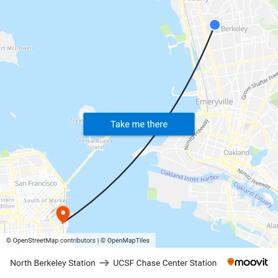 North Berkeley Station to UCSF Chase Center Station map
