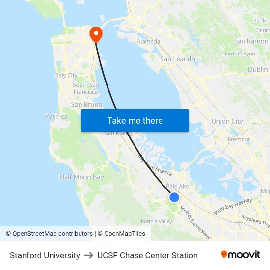 Stanford University to UCSF Chase Center Station map