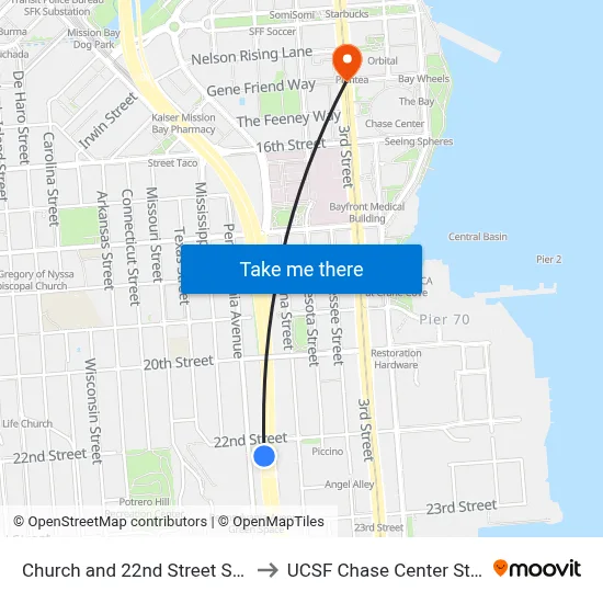 Church and 22nd Street Station to UCSF Chase Center Station map