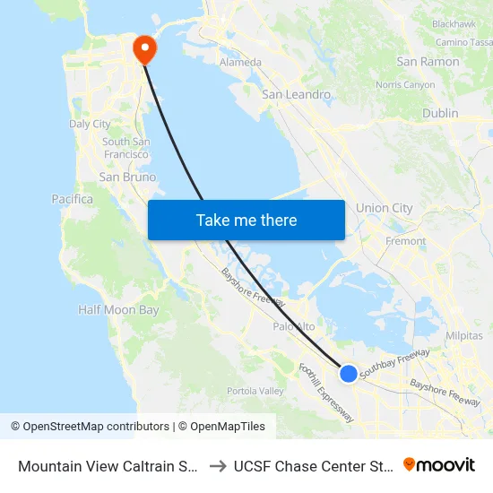 Mountain View Caltrain Station to UCSF Chase Center Station map