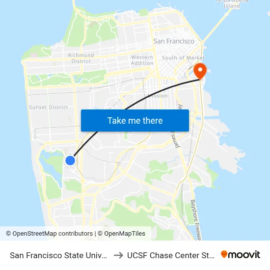 San Francisco State University to UCSF Chase Center Station map