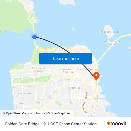Golden Gate Bridge to UCSF Chase Center Station map