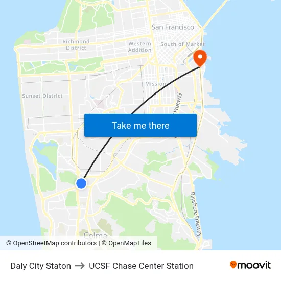 Daly City Staton to UCSF Chase Center Station map