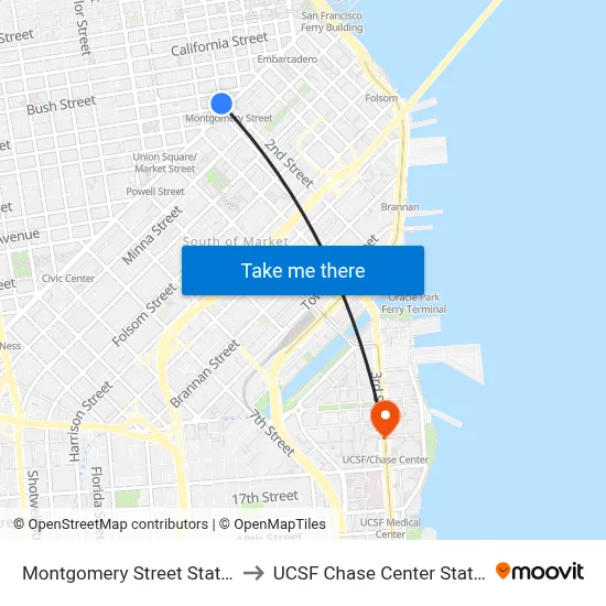 Montgomery Street Station to UCSF Chase Center Station map