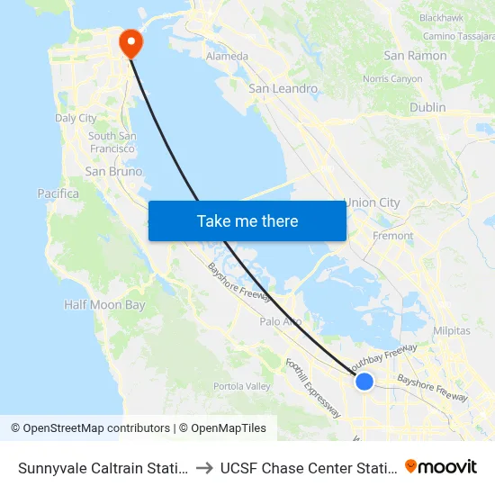 Sunnyvale Caltrain Station to UCSF Chase Center Station map