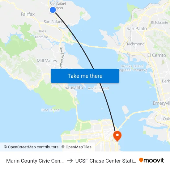 Marin County Civic Center to UCSF Chase Center Station map