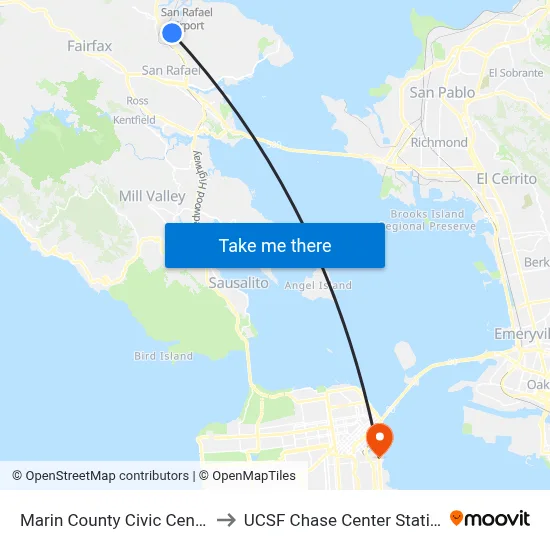 Marin County Civic Center to UCSF Chase Center Station map