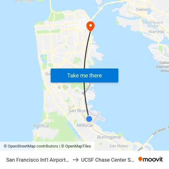 San Francisco Int'l Airport (SFO) to UCSF Chase Center Station map