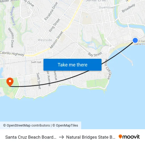 Santa Cruz Beach Boardwalk to Natural Bridges State Beach map
