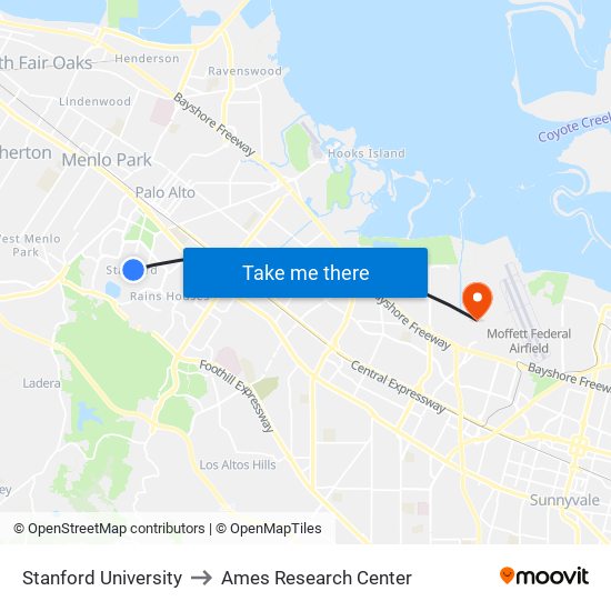 Stanford University to Ames Research Center map