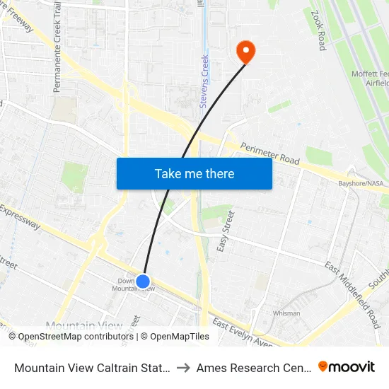 Mountain View Caltrain Station to Ames Research Center map