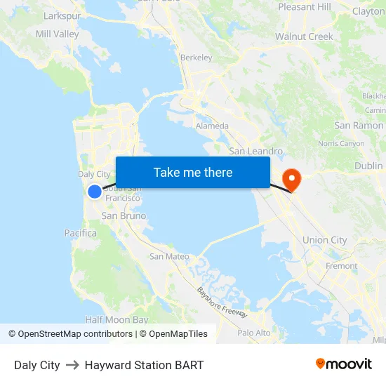 Daly City to Hayward Station BART map