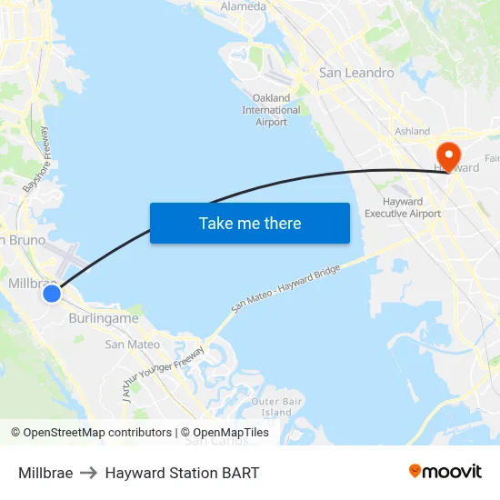 Millbrae to Hayward Station BART map