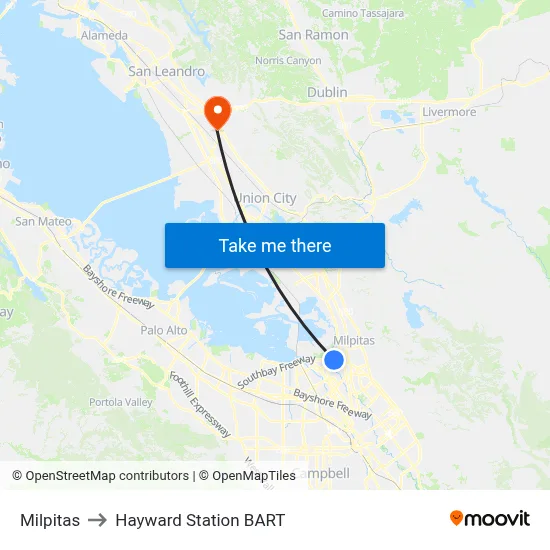 Milpitas to Hayward Station BART map