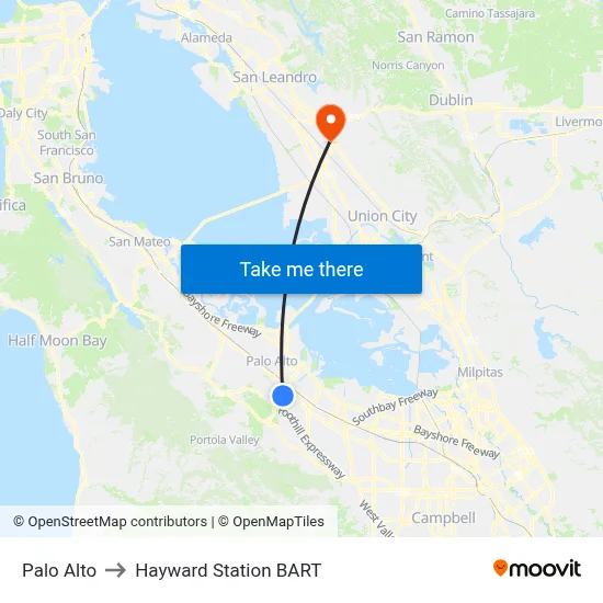 Palo Alto to Hayward Station BART map