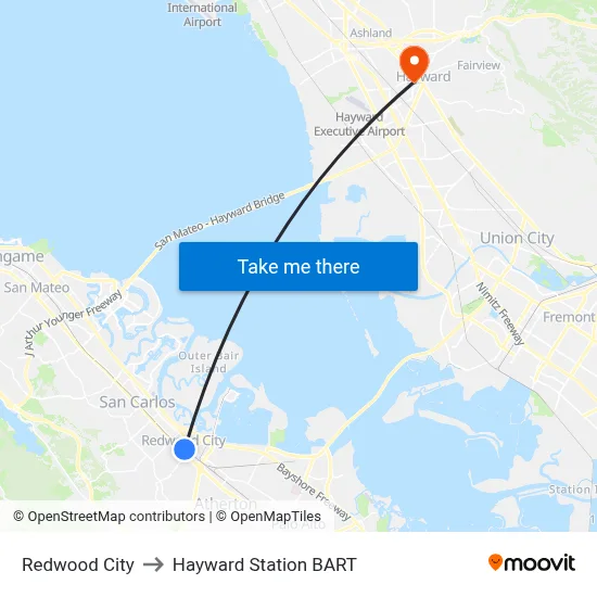 Redwood City to Hayward Station BART map