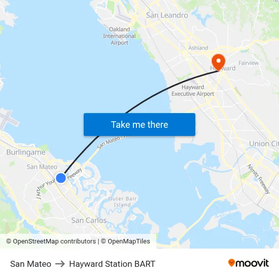 San Mateo to Hayward Station BART map
