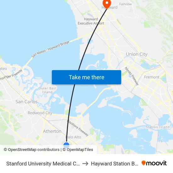 Stanford University Medical Center to Hayward Station BART map