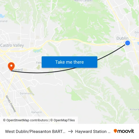 West Dublin/Pleasanton BART Station to Hayward Station BART map