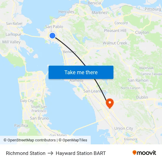 Richmond Station to Hayward Station BART map