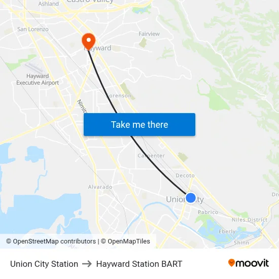 Union City Station to Hayward Station BART map