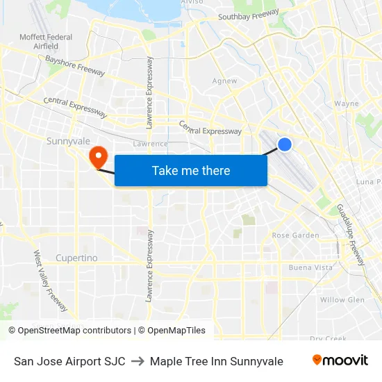 San Jose Airport SJC to Maple Tree Inn Sunnyvale map