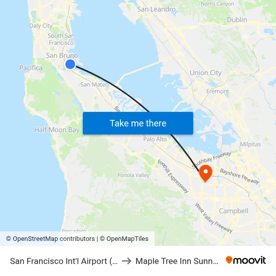 San Francisco Int'l Airport (SFO) to Maple Tree Inn Sunnyvale map