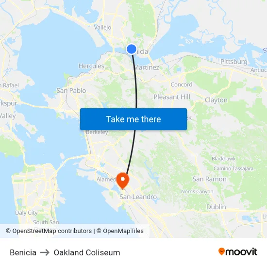 Benicia to Oakland Coliseum map