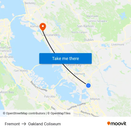 Fremont to Oakland Coliseum map