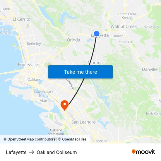 Lafayette to Oakland Coliseum map