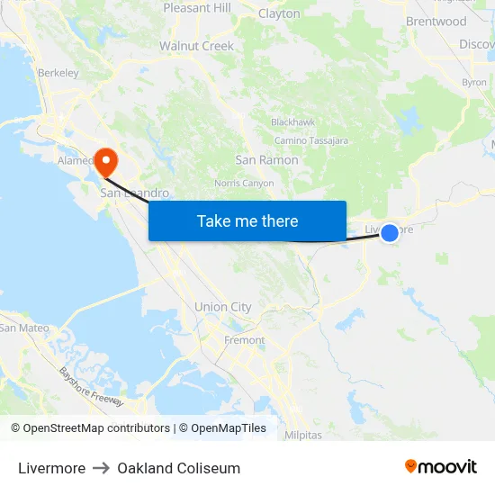 Livermore to Oakland Coliseum map