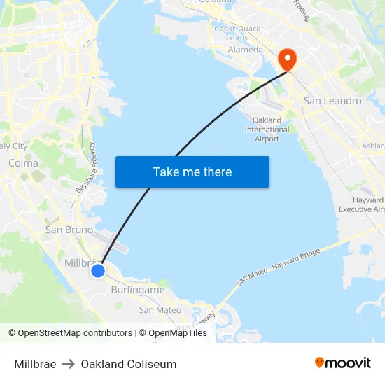 Millbrae to Oakland Coliseum map