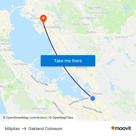 Milpitas to Oakland Coliseum map