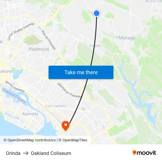 Orinda to Oakland Coliseum map