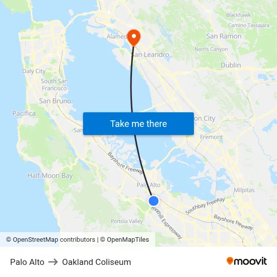 Palo Alto to Oakland Coliseum map