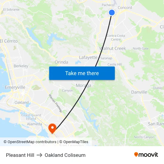Pleasant Hill to Oakland Coliseum map