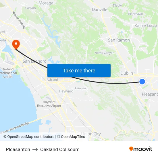 Pleasanton to Oakland Coliseum map