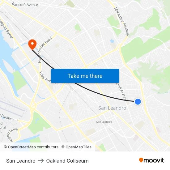 San Leandro to Oakland Coliseum map