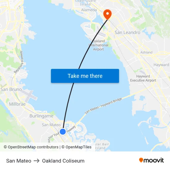 San Mateo to Oakland Coliseum map