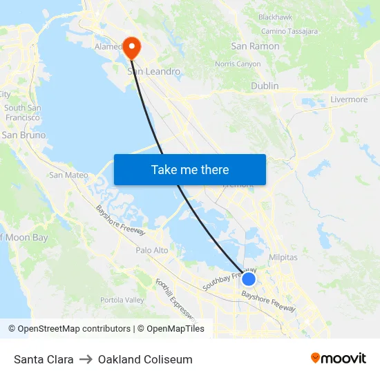 Santa Clara to Oakland Coliseum map
