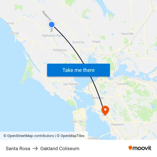 Santa Rosa to Oakland Coliseum map