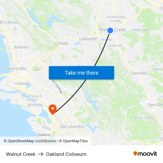 Walnut Creek to Oakland Coliseum map