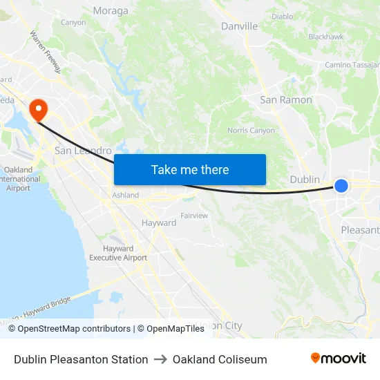 Dublin Pleasanton Station to Oakland Coliseum map