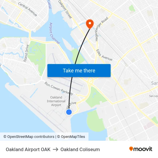 Oakland Airport OAK to Oakland Coliseum map