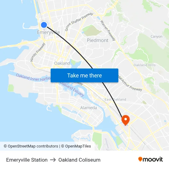 Emeryville Station to Oakland Coliseum map