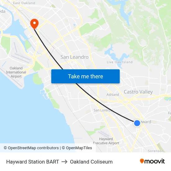 Hayward Station BART to Oakland Coliseum map