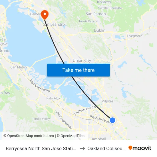 Berryessa North San José Station to Oakland Coliseum map