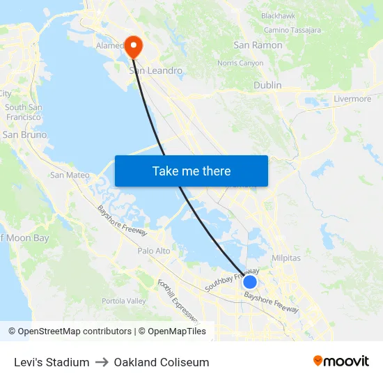 Levi's Stadium to Oakland Coliseum map